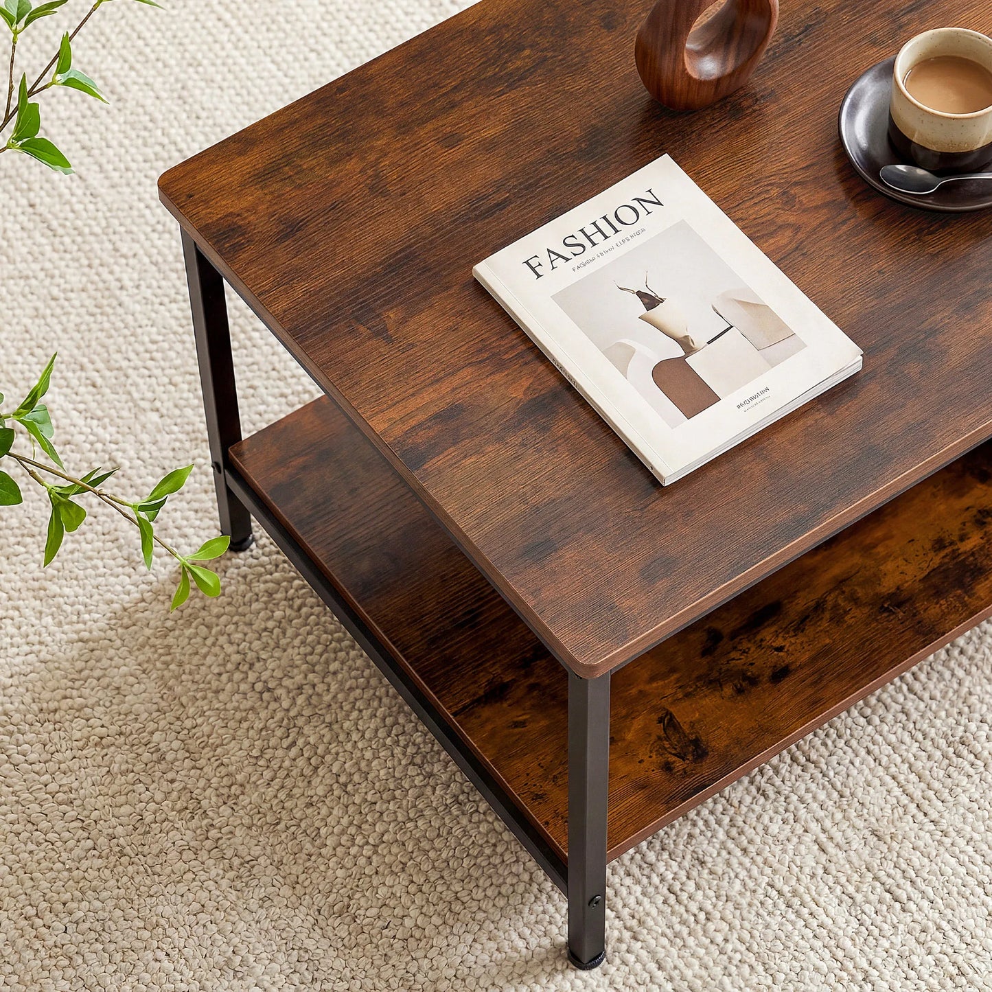 JHK Wood Coffee Table 2 Tier Center Storage Anti Slip