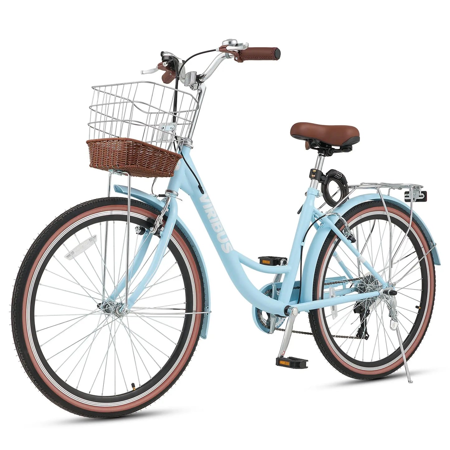 VIRIBUS Womens Cruiser Bike 7 Speed With Rattan Basket