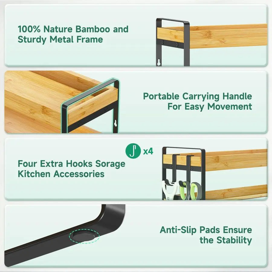 Bamboo Spice Rack Organizer For Kitchen Countertop 4 Tier With Hooks