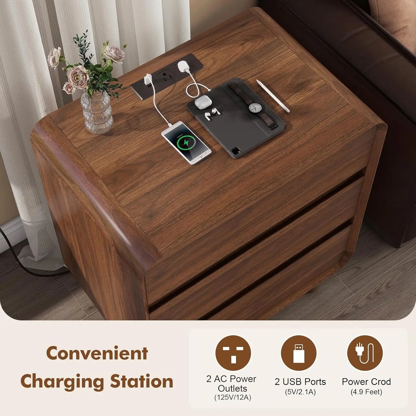 3 Drawer Nightstands Set Of 2 With Charger Station