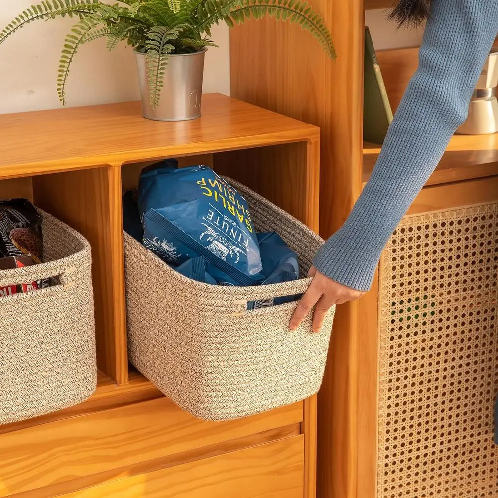 4 Pack Cotton Rope Storage Baskets With Handles For Shelves