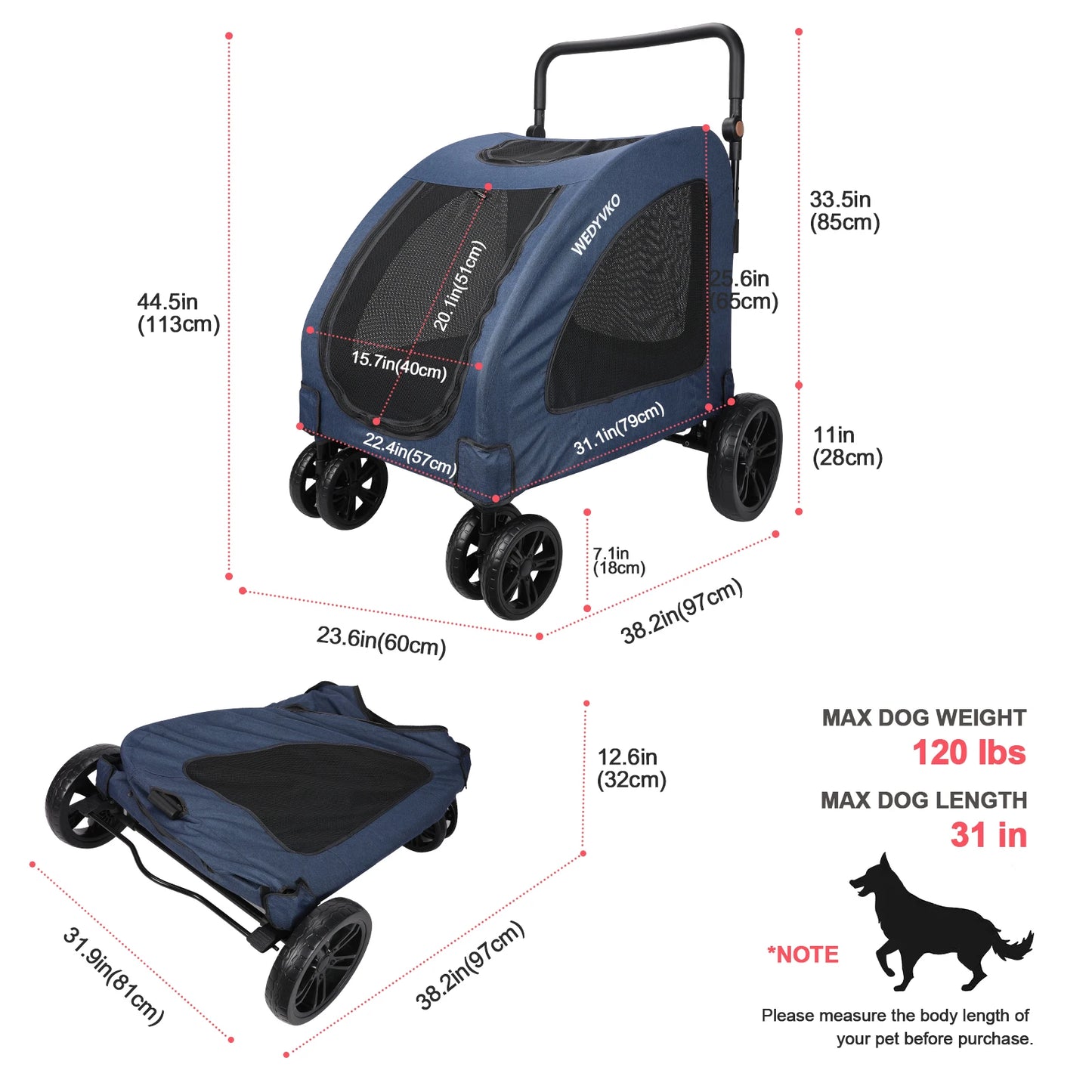 Heavy Duty Large Dog Stroller 120 Lbs 360 Wheels Foldable