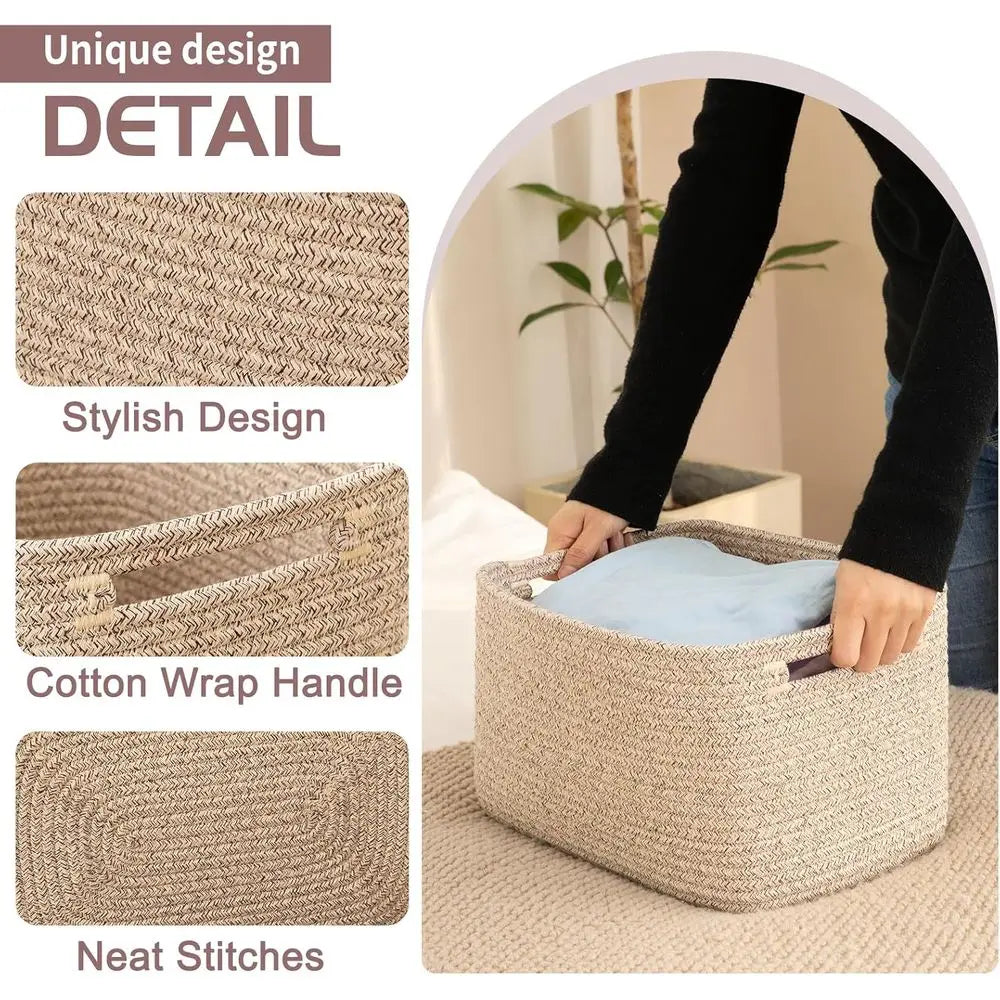 4 Pack Cotton Rope Storage Baskets With Handles For Shelves