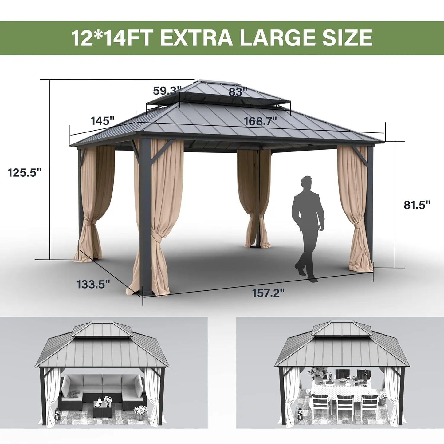 Hardtop Gazebo Steel Frame With Curtains And Netting For Patio