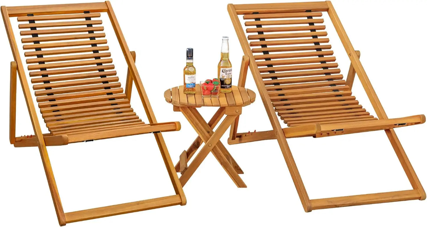Acacia Wood Patio Set With Adjustable Foldable Two Chairs Table