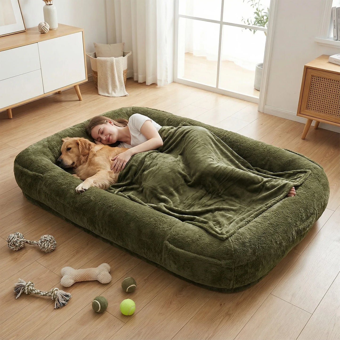 Plush Faux Fur Dog Bed With Washable Cover And Soft Blanket