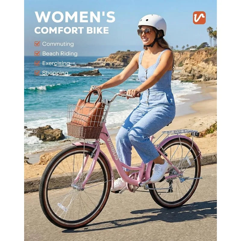VIRIBUS Womens Cruiser Bike 7 Speed With Rattan Basket