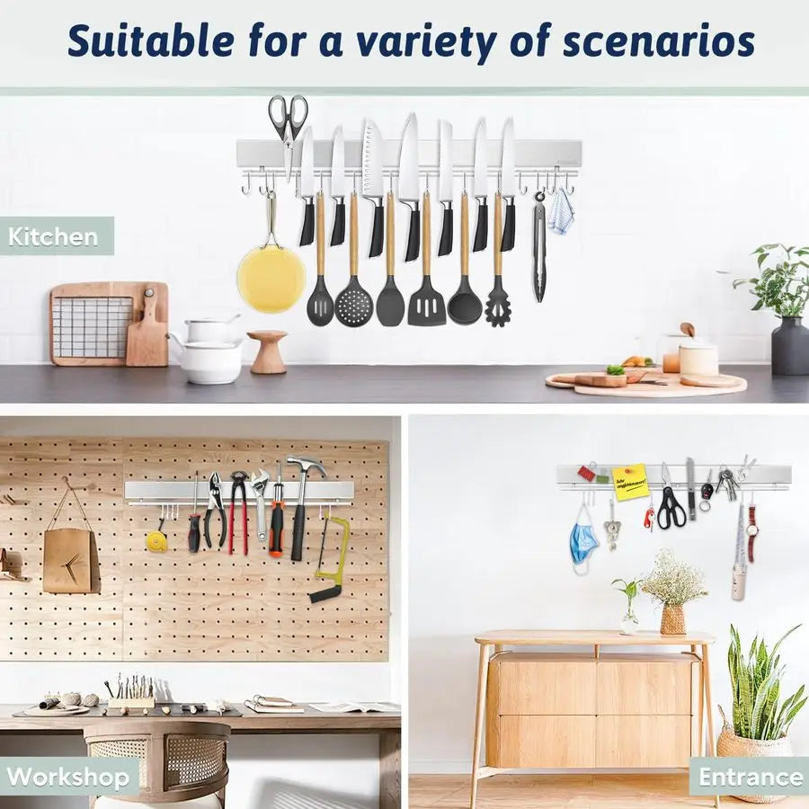 Magnetic Knife Holder Wall Mount Stainless Steel Knife Strip With Hooks No Drill