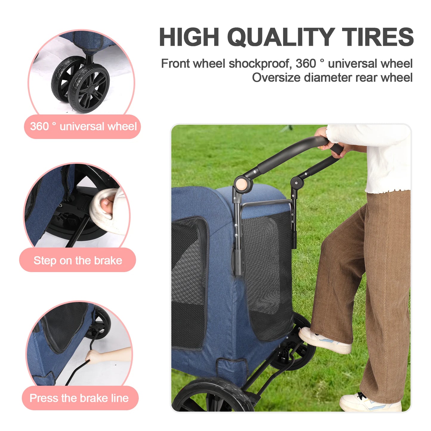Heavy Duty Large Dog Stroller 120 Lbs 360 Wheels Foldable
