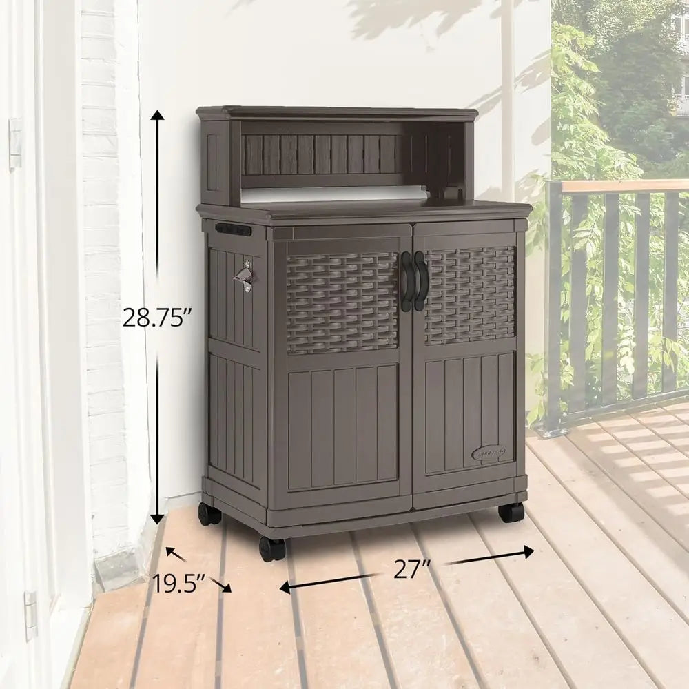 Patio Plastic Storage And Prep Station With Decorative Wicker Pattern