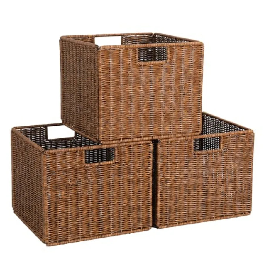 Plastic Wicker Storage Basket Collapsible Cube for Shelves