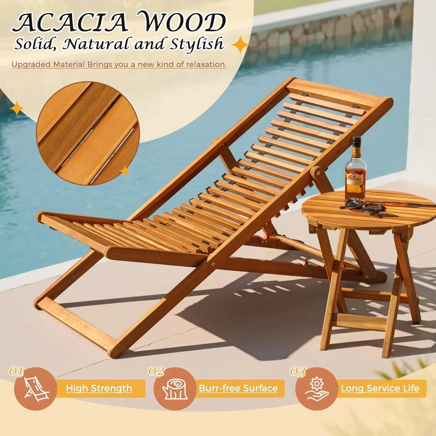 Acacia Wood Patio Set With Adjustable Foldable Two Chairs Table