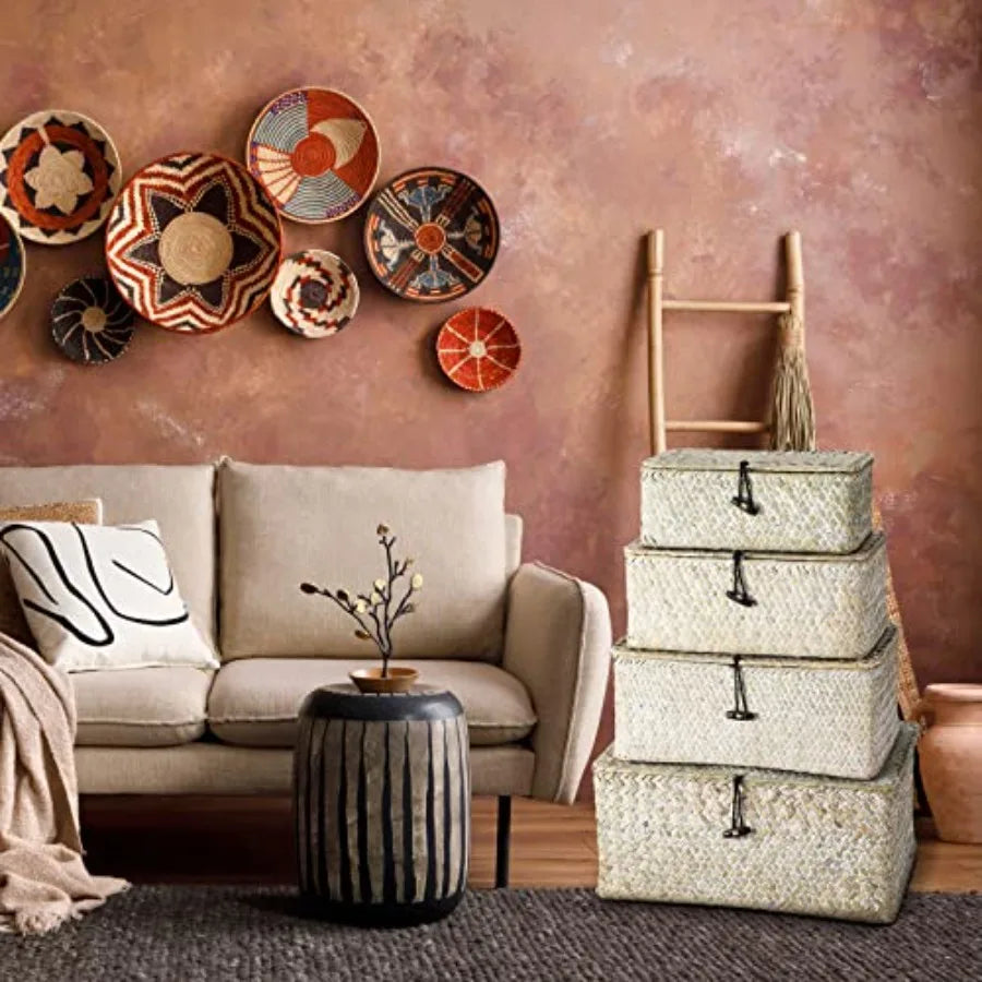 Wicker Baskets With Lids Natural Seagrass Storage Bins