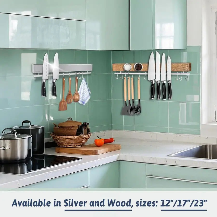 Magnetic Knife Holder Wall Mount Stainless Steel Knife Strip With Hooks No Drill