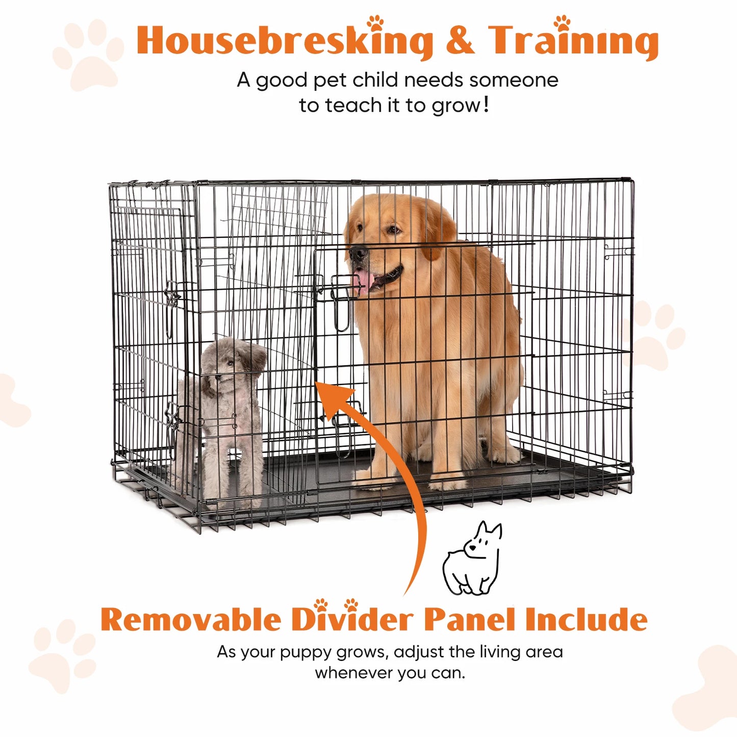 JHK Double Door Folding Metal Wire Dog Cage With Plastic Leak Proof Pan Tray