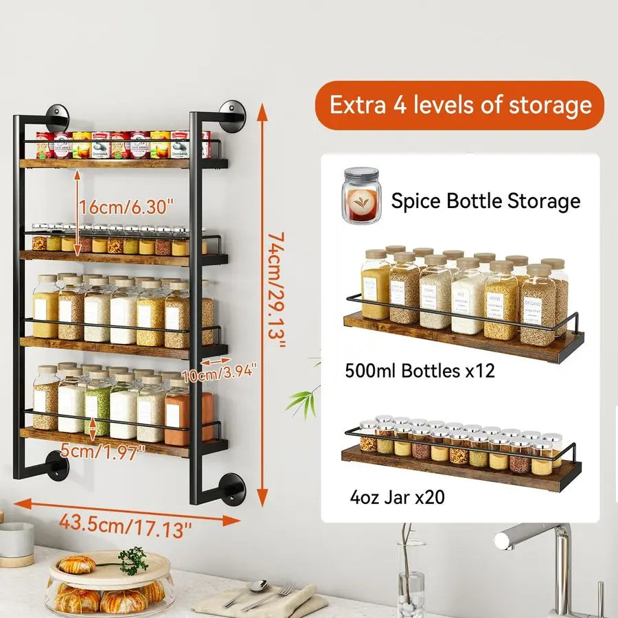 Wall Mount Spice Rack 4 Tier Organizer Holds 50 Jars