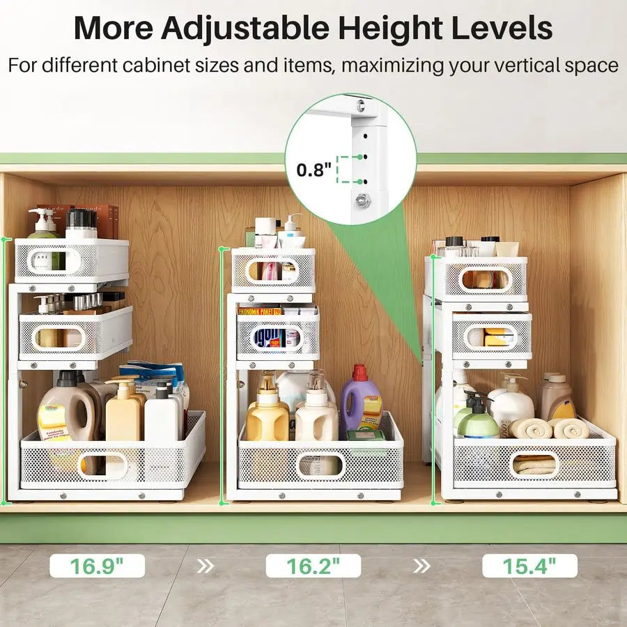 Under Sink Organizer 3 Tier Height Adjustable Pull Out Shelf