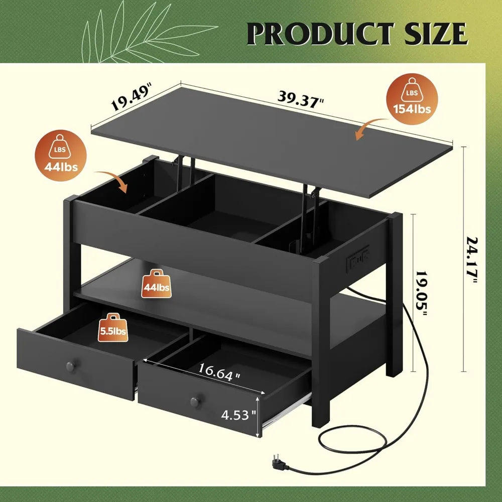 WLIVE Lift Top Coffee Table With 2 Drawers LED Light
