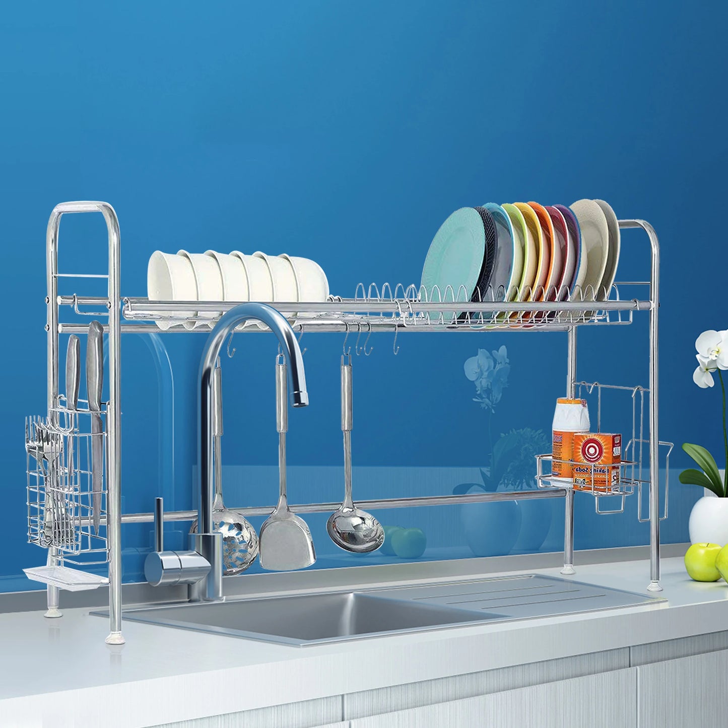 Two Tier Stainless Steel Dish Drying Rack With Utensil Holder