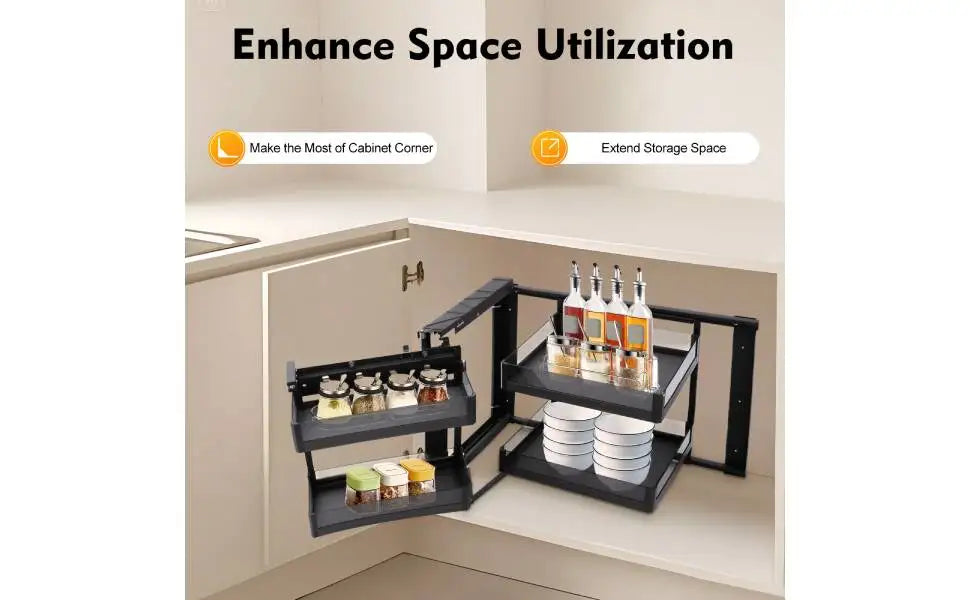 Two Tier Blind Corner Cabinet Pull Out Organizer With Detachable Shelves