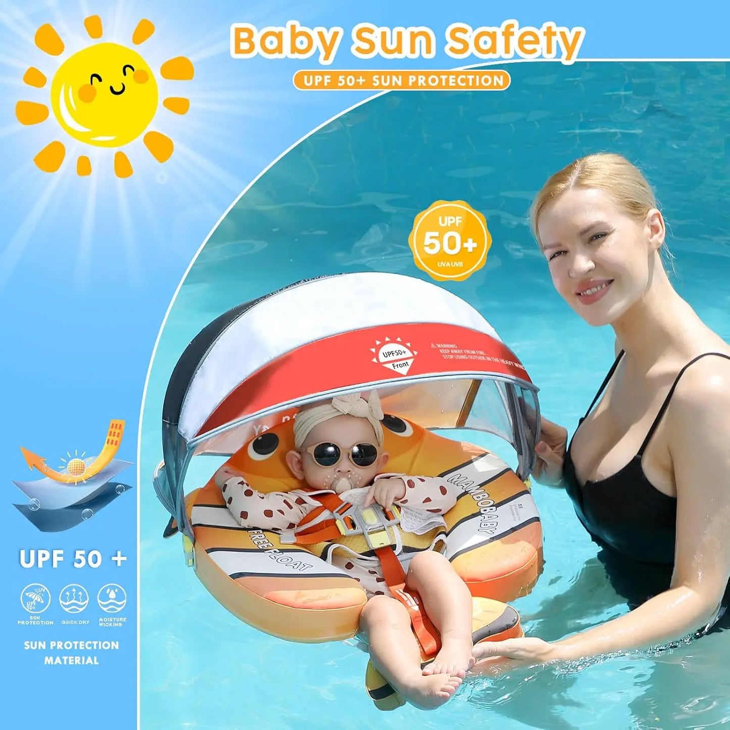 Baby NonInflatable Pool Float with Canopy and UPF Sun Protection