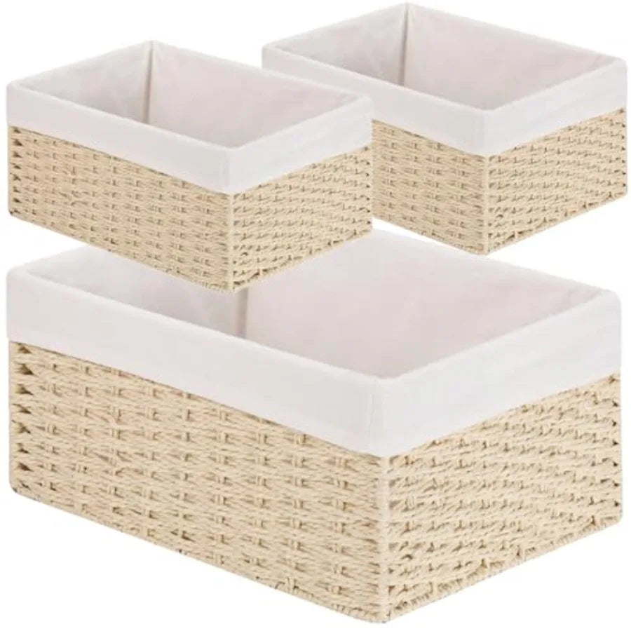 Wicker Storage Baskets 3 Pack With Paper Rope Liners