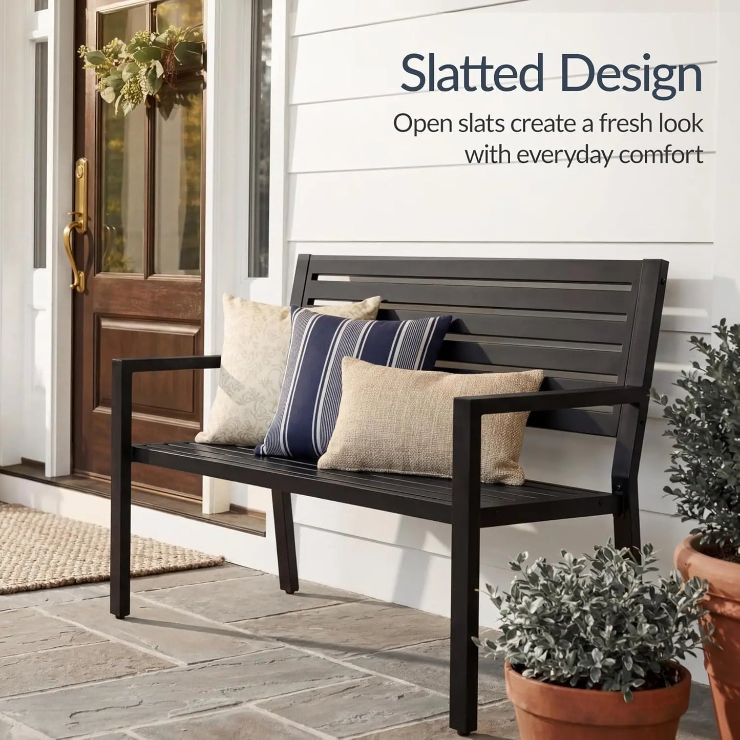 Alloy Steel Slatted Patio Garden Outdoor Bench With Armrests Weather Resistant