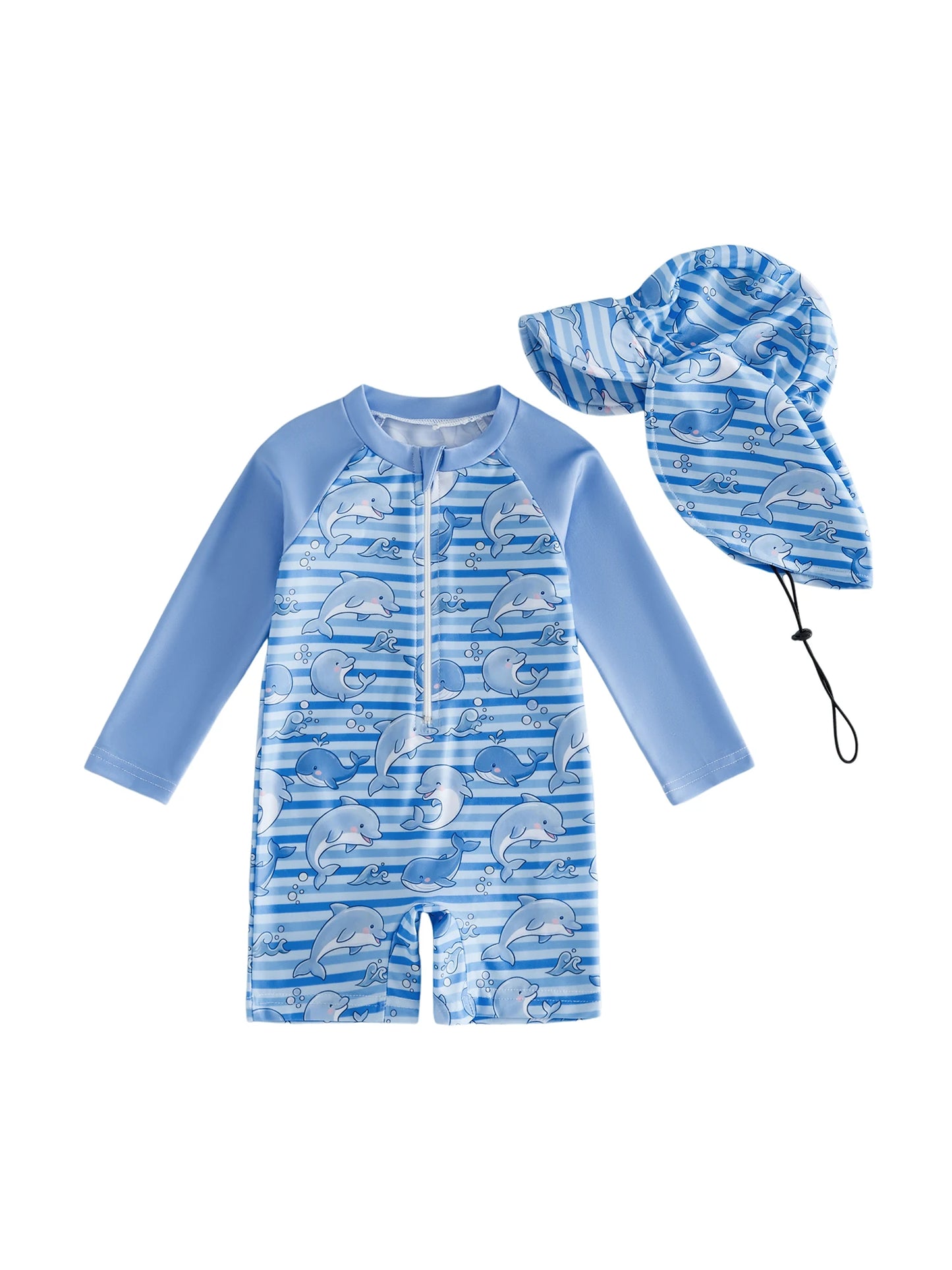 Children Rash Guard Shark Print Swimsuit Set Sun Hat UV