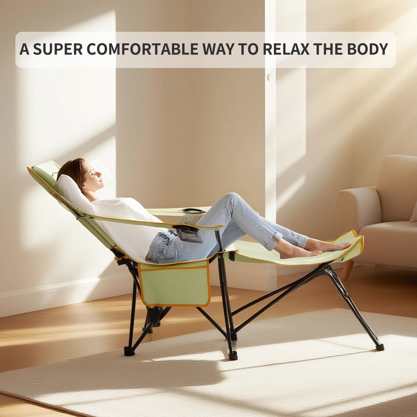 GERC Foldable 2-In-1 Reclining Camping Chair With Footrest Cup Holder