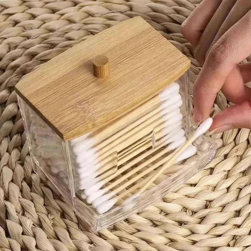Cotton Swab Storage Box Double Head Cotton Buds Bamboo Cover