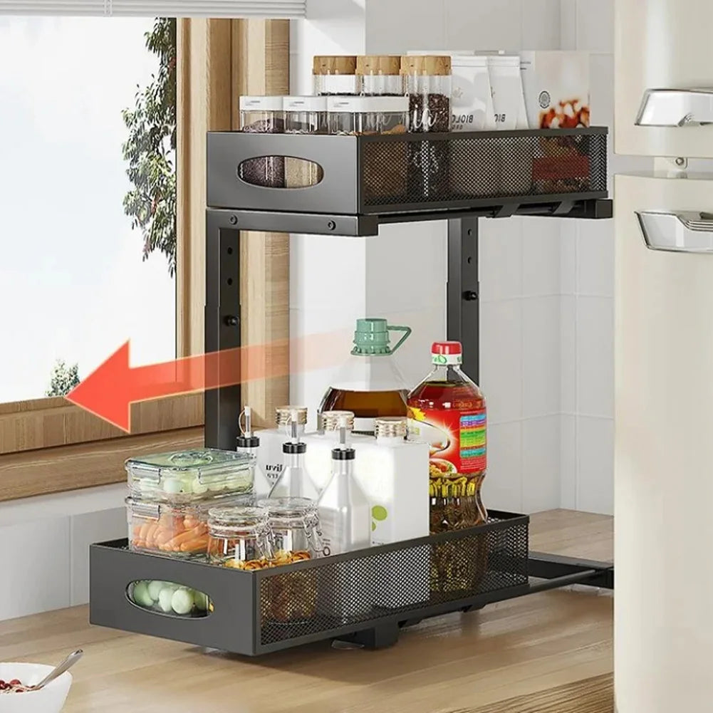 HiMISS 2 Tier Adjustable Under Sink Organizer With Sliding Drawer