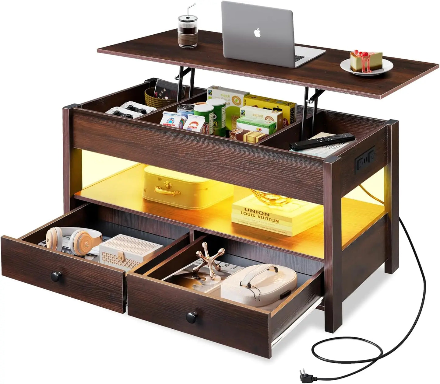 WLIVE Lift Top Coffee Table With 2 Drawers LED Light