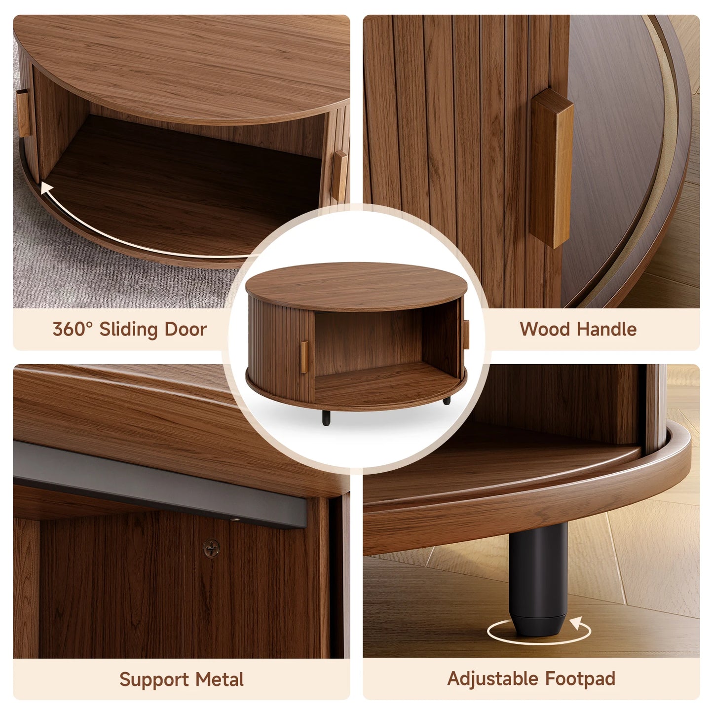 ONBRILL Modern Round Coffee Table With Storage And Sliding Door