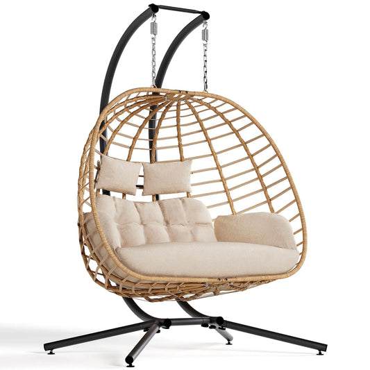 Double Hanging Egg Chair With Stand 2 Person Wicker Swing