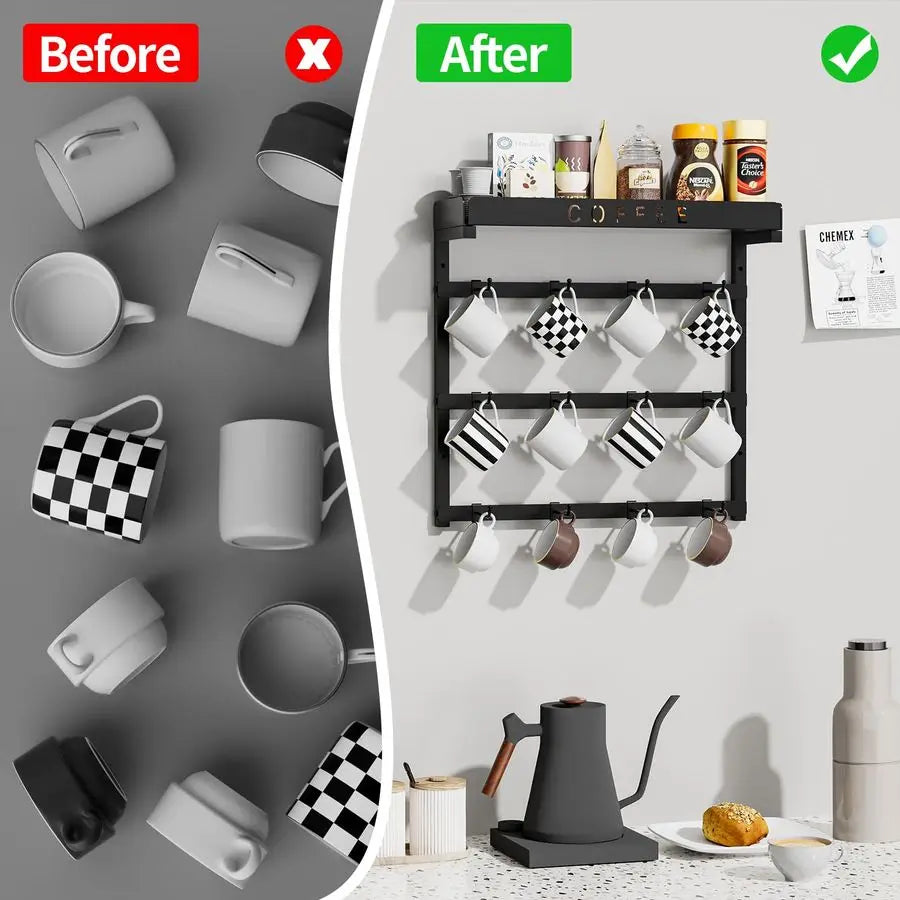 XMSJ Mug Holder Wall Mount With 12 Movable Hooks And Top Shelf