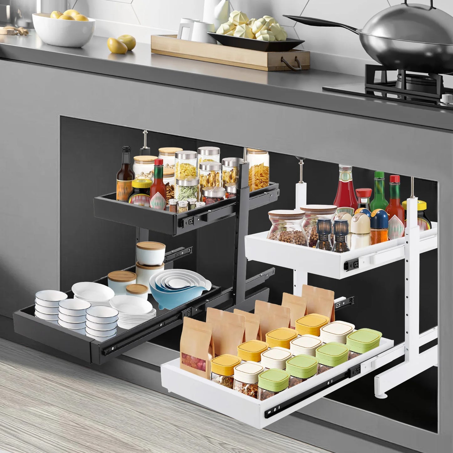 Carbon Steel Expandable Pull Out Cabinet Organizer 2 Tier