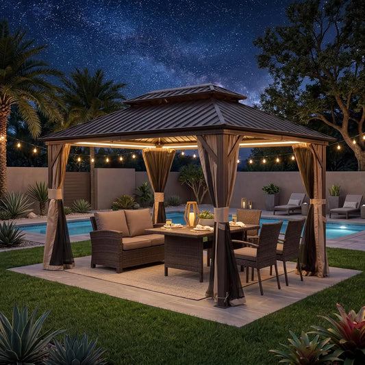Hardtop Permanent Metal Gazebo With Galvanized Double Roof Curtains