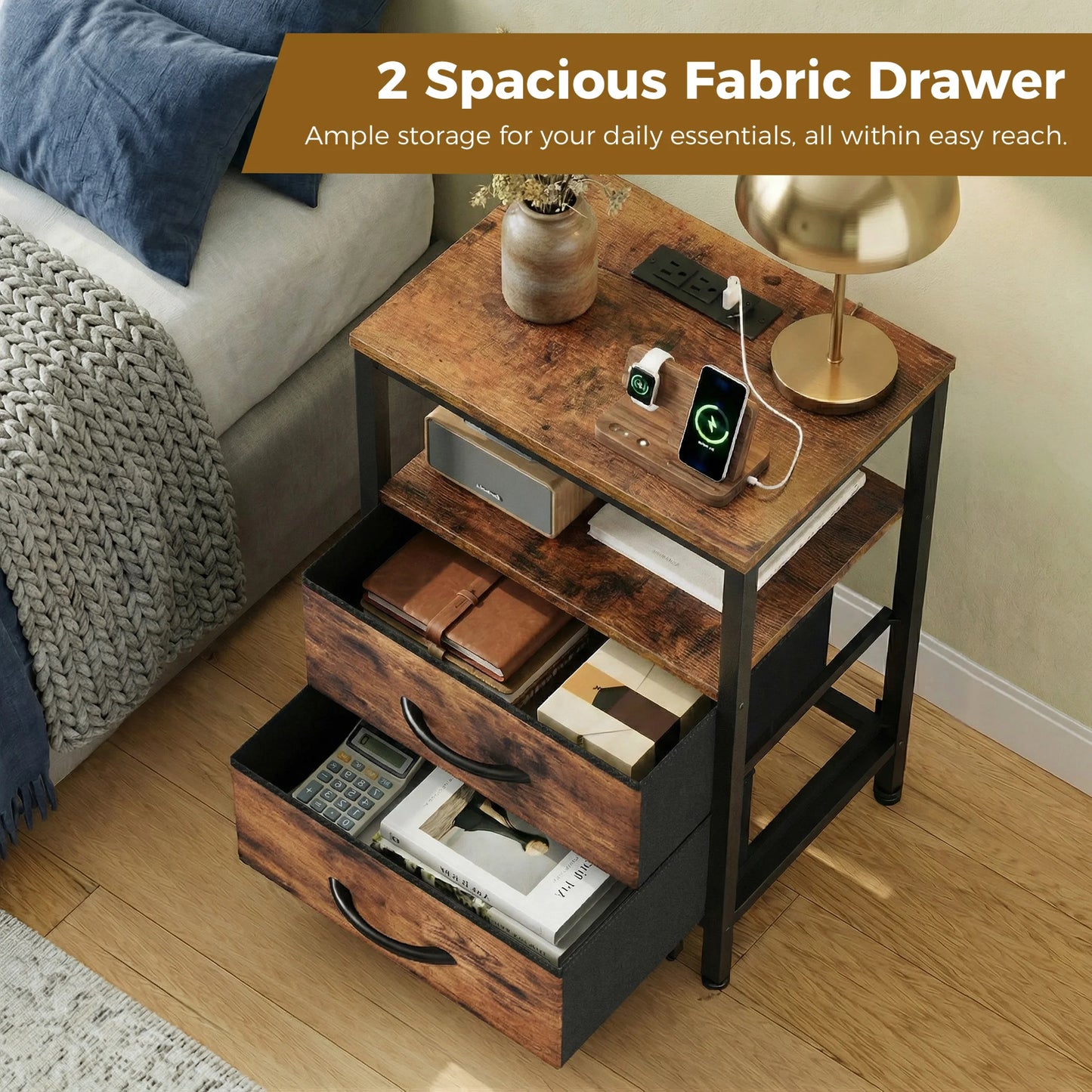 JHK Fabric Drawers Nightstands Pair With USB Ports Charging Station