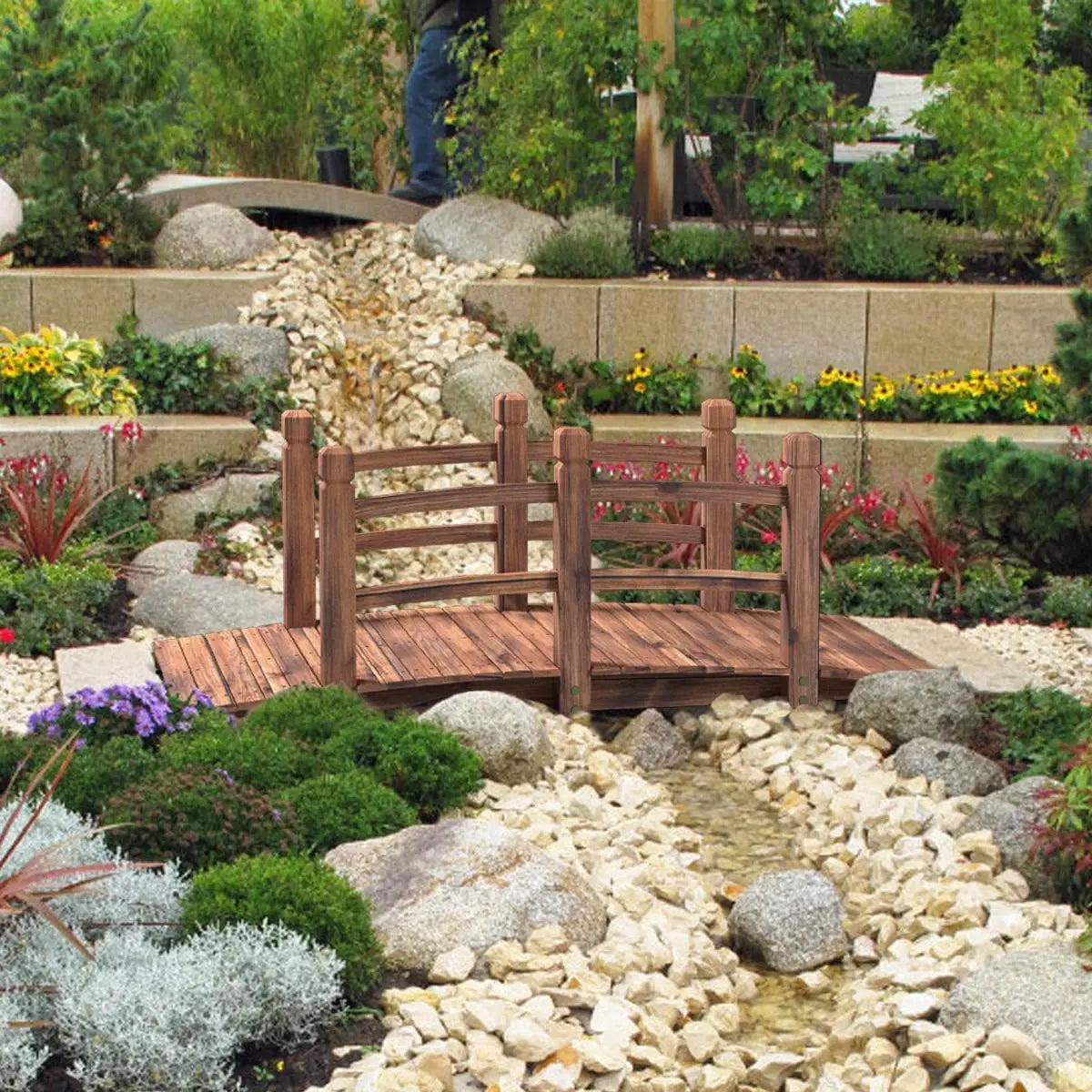 Wooden Garden Bridge Arc Footbridge With Railings 400 Lb Capacity