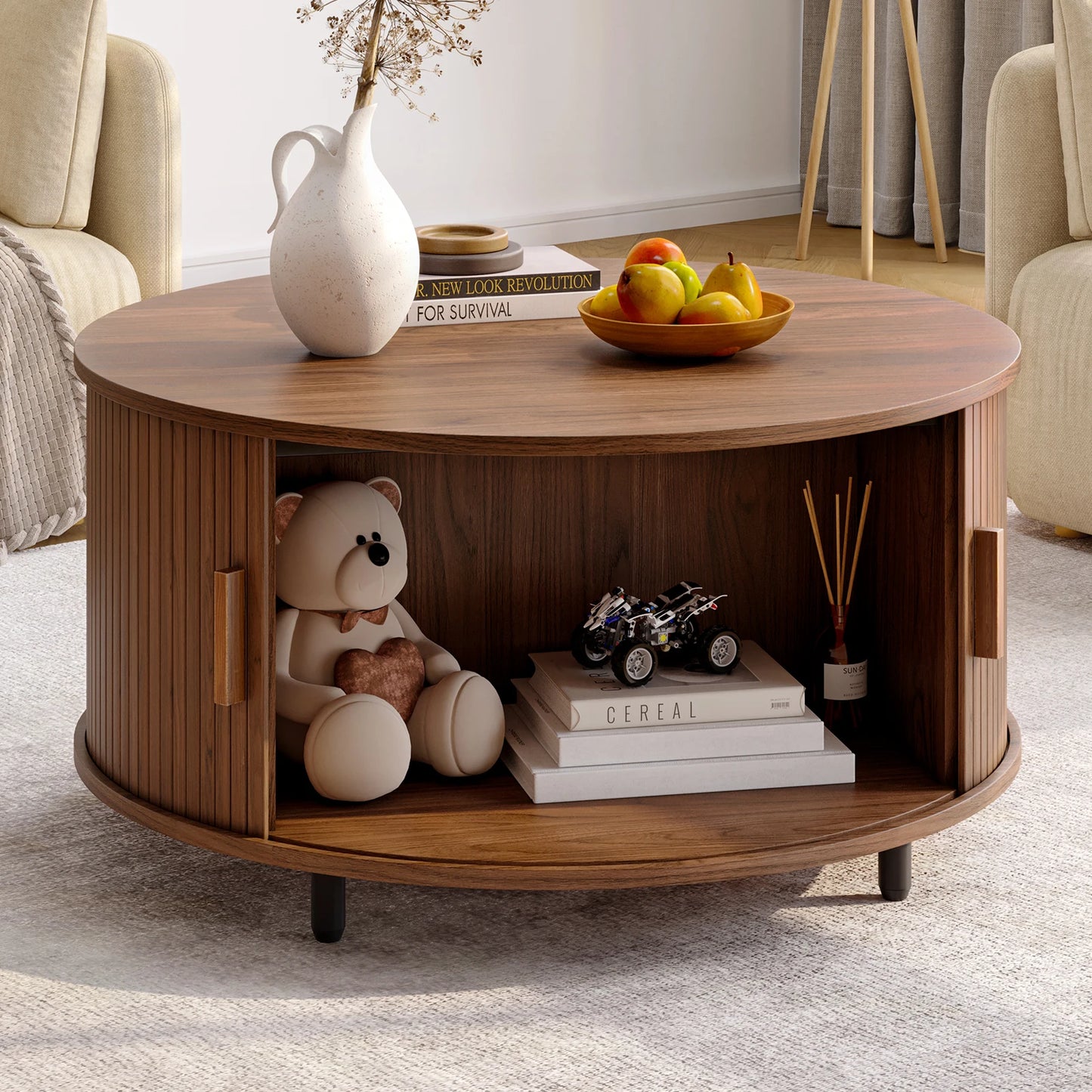 ONBRILL Modern Round Coffee Table With Storage And Sliding Door
