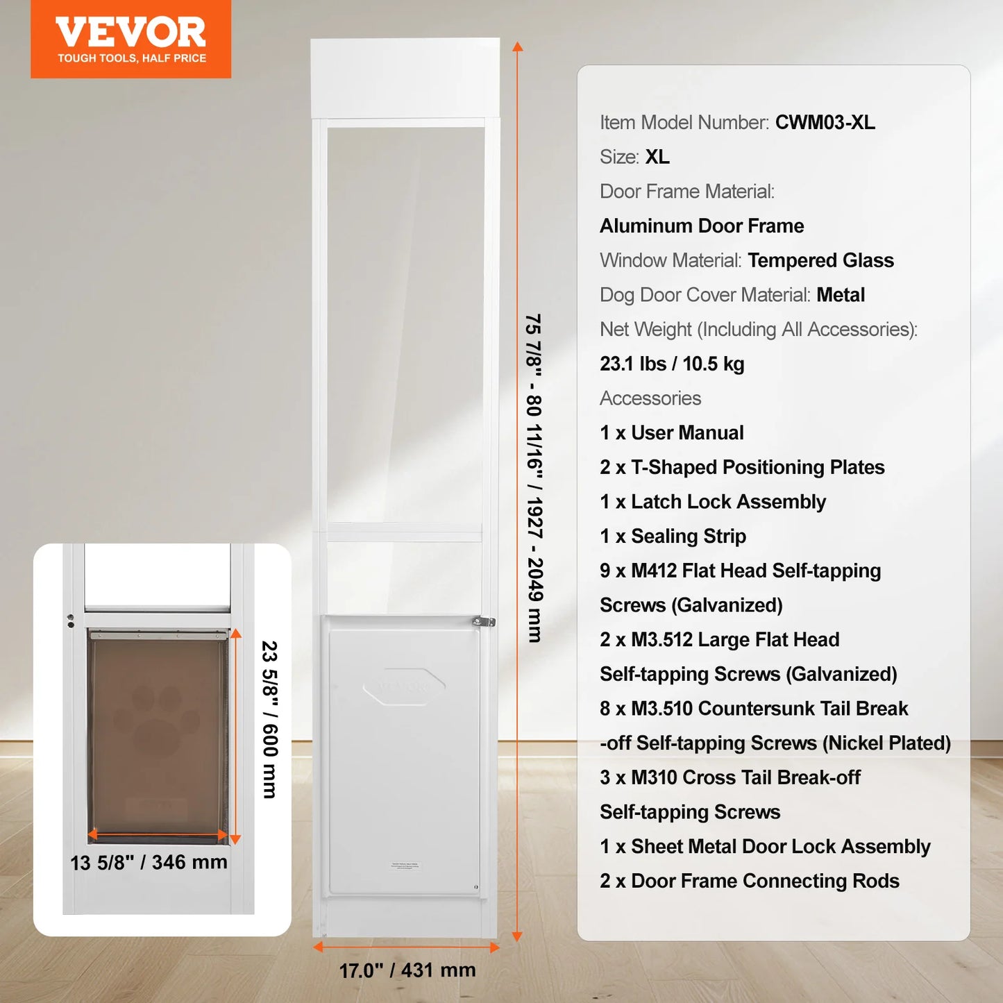 Dog Door for Sliding Glass Door Aluminum Frame Tempered Glass