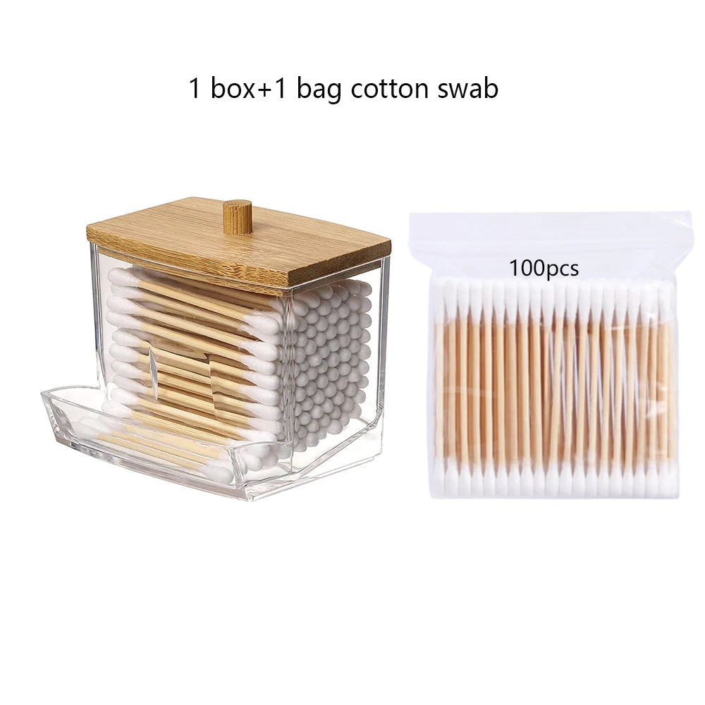 Cotton Swab Storage Box Double Head Cotton Buds Bamboo Cover