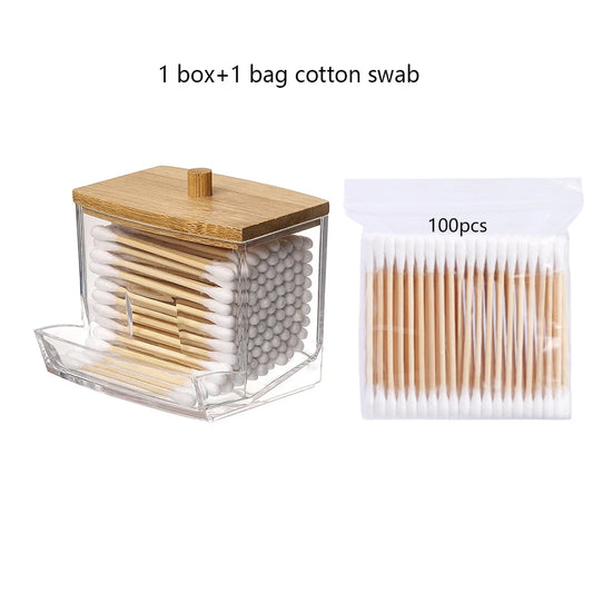 Cotton Swab Storage Box Double Head Cotton Buds Bamboo Cover
