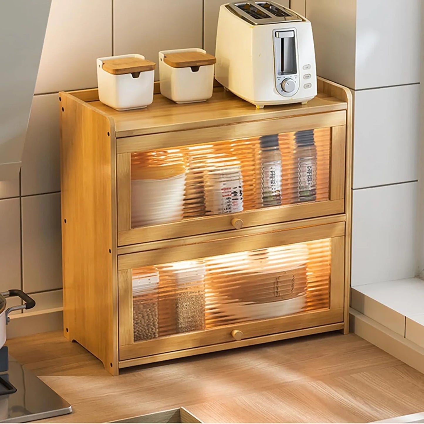 Two Tier Bamboo Kitchen Storage Cabinet With Clear Sliding Doors
