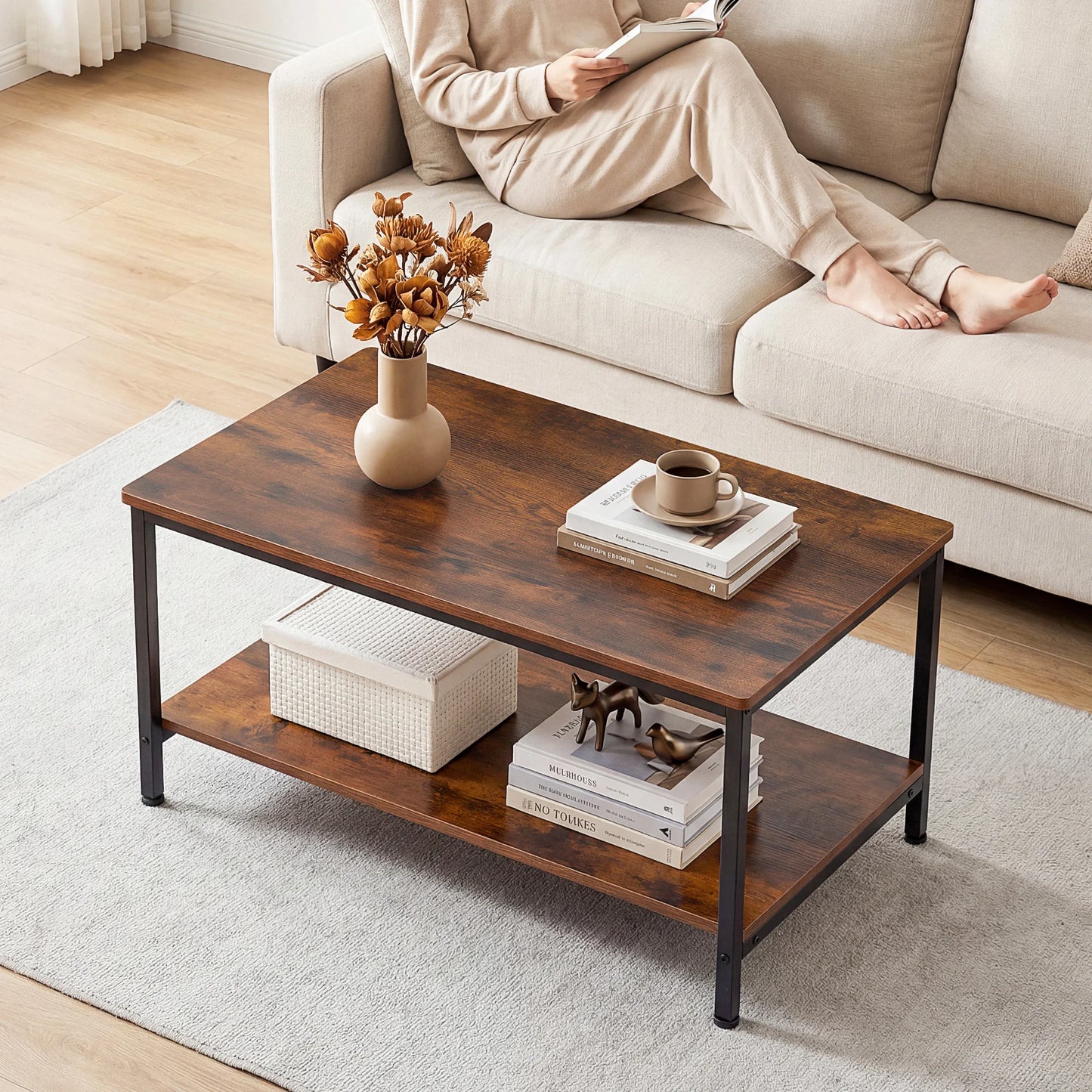 JHK Wood Coffee Table 2 Tier Center Storage Anti Slip
