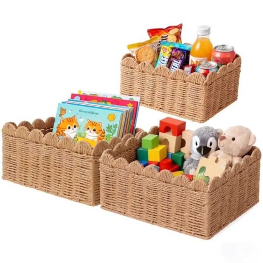 Wicker Baskets for Organizing Scalloped Handwoven Storage Cubes