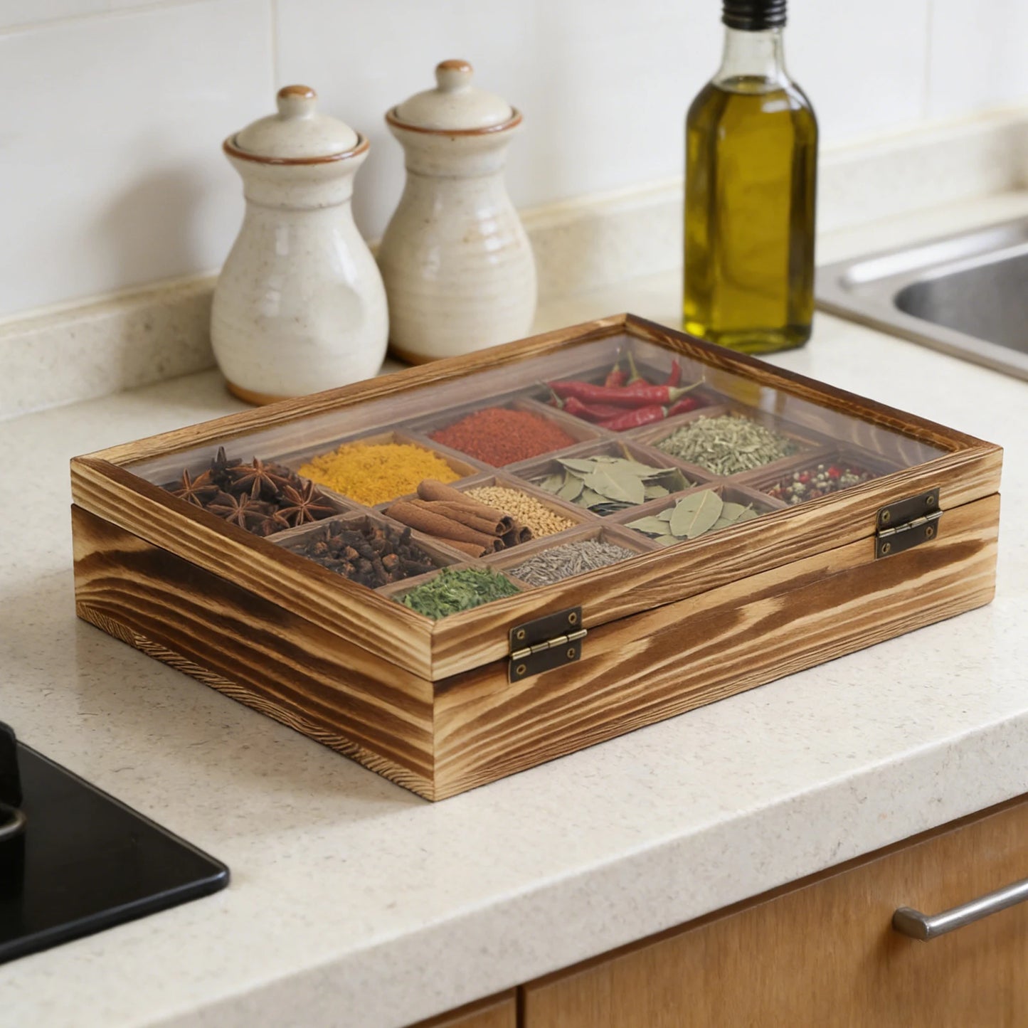 Wooden Spice Box With 12 Compartments For Spices And Herbs