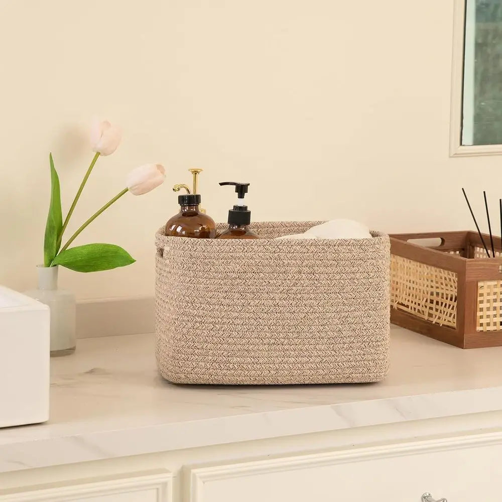 4 Pack Cotton Rope Storage Baskets With Handles For Shelves