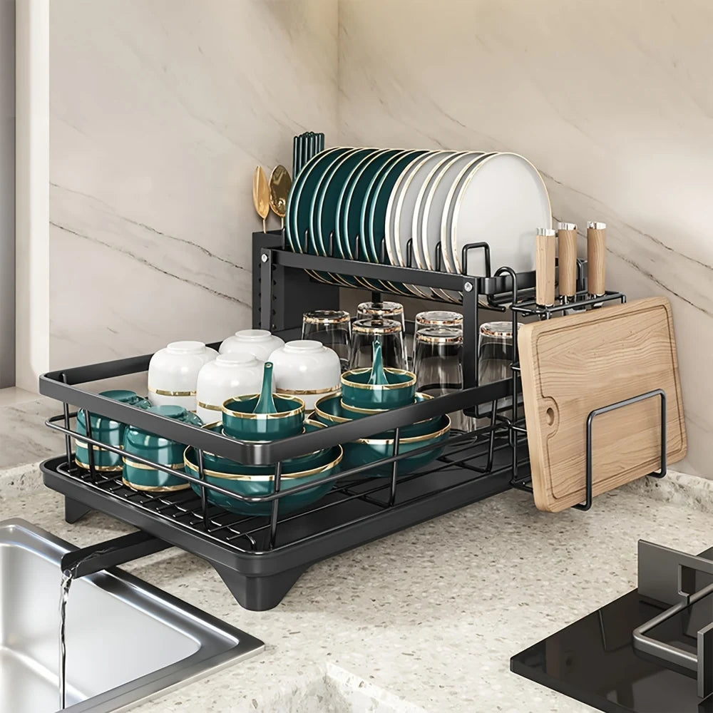 2-Tier Dish Drying Rack Rustproof With Utensil Holder And Cutting Board Stand