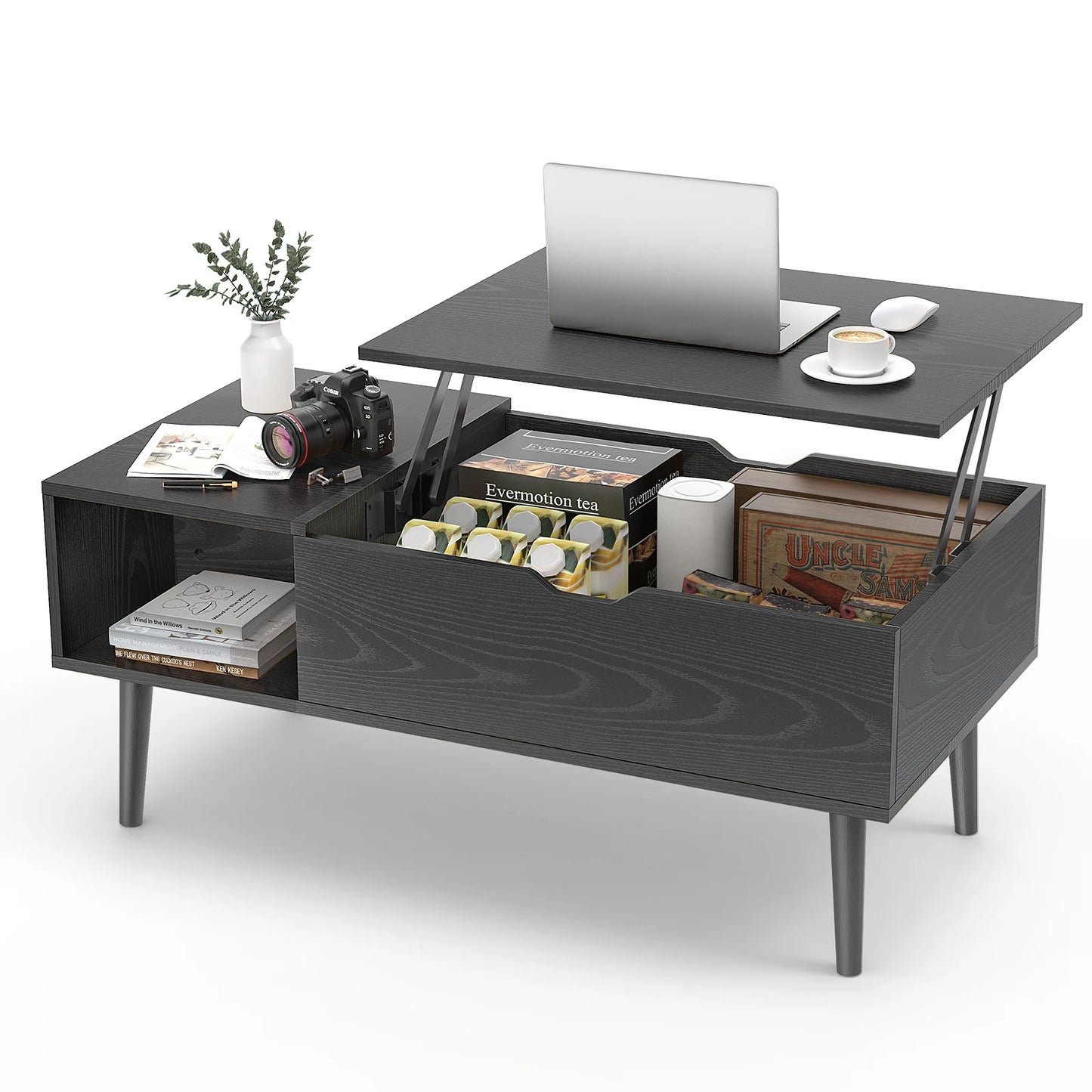 JHK Lift Top Coffee Table With Storage Shelf For Living Room Wood